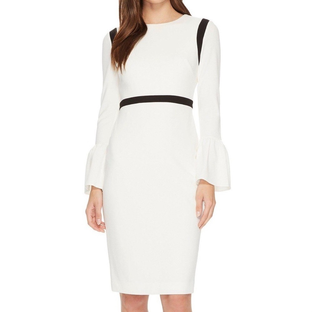 Calvin Klein Bell-Sleeve Sheath Midi Dress Cream/Ivory & Black Size 8 elegant